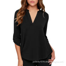 Women's Chiffon V-Neck Business Casual Blouse Work Tops with Cuffed Sleeves